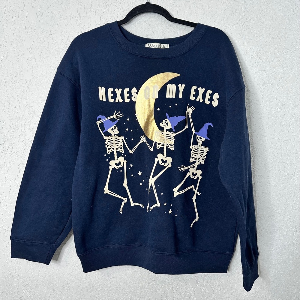 Wound Up NWOT Halloween Sweatshirt Skeletons Hexes On My Exes Blue womens lge